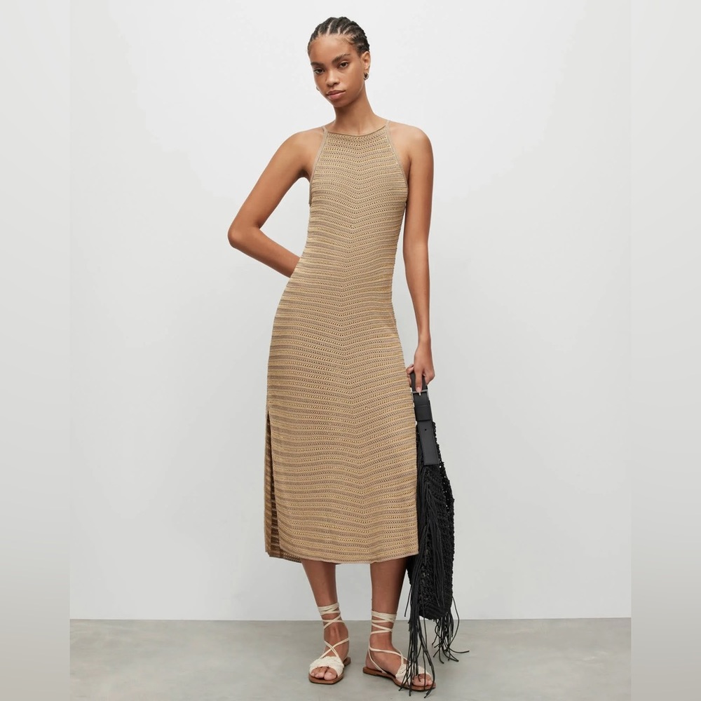 AllSaints Women's Maxine Crochet Striped Midi Dress, Gold, Size: L slit closed